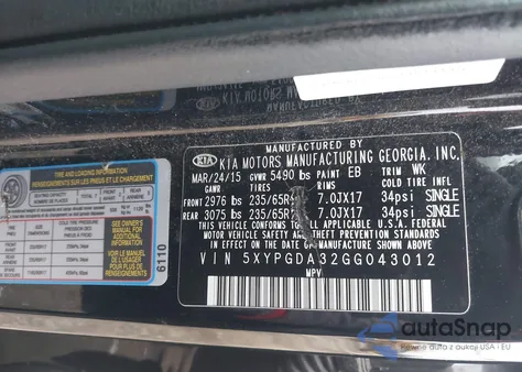 2016 Kia Sorento 2.4L Lx из США, поврежденный, VIN 5XYPGDA32GG043012